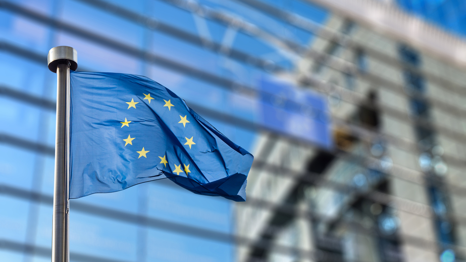 European Union flag against European Parliament European Union flags in front of the blurred European Parliament in Brussels, Belgium